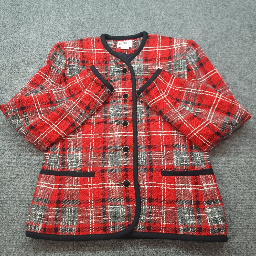 Vintage Koret Petites Red Plaid Wool Blend Collarless Blazer Jacket Size 4